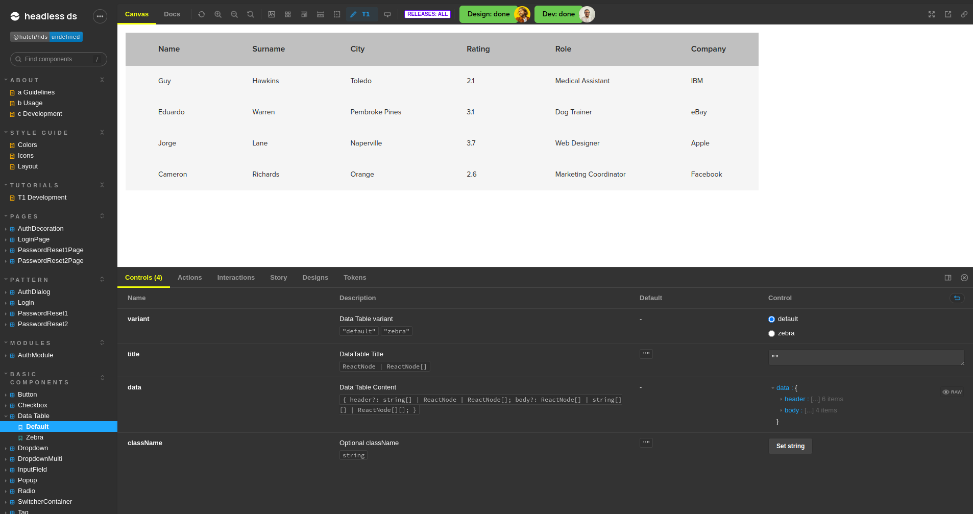 The DataTable component in our component system documentation using Storybook