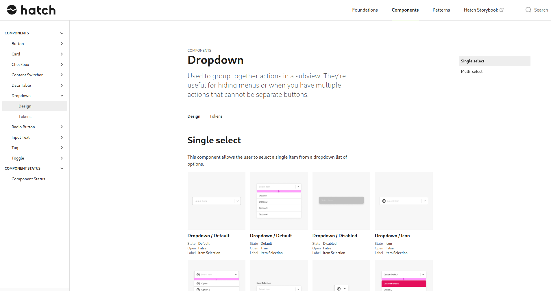 The dropdown component in our design system documentation at Zeroheight